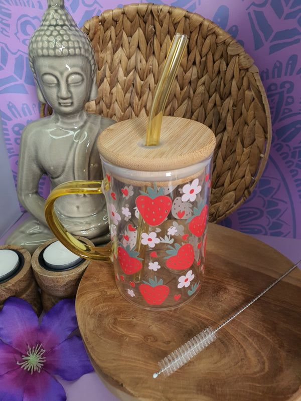 Drinkglas met handvat, bamboe deksel en rietje &