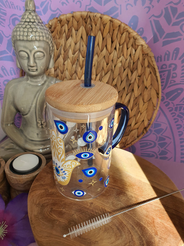 Drinkglas met handvat, bamboe deksel en rietje &