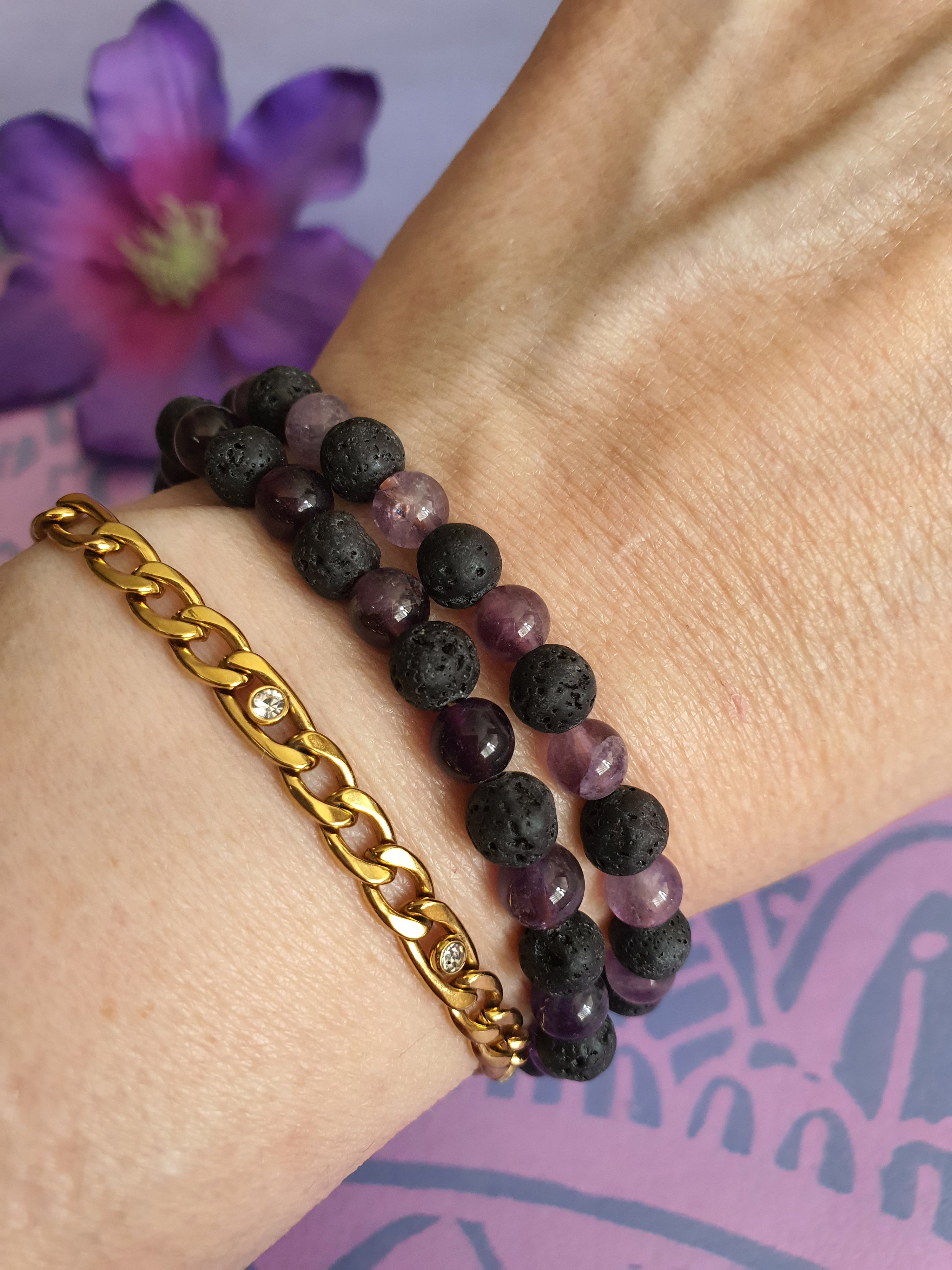 Edelsteen Kogel Armband Amethist / Lava 6 mm