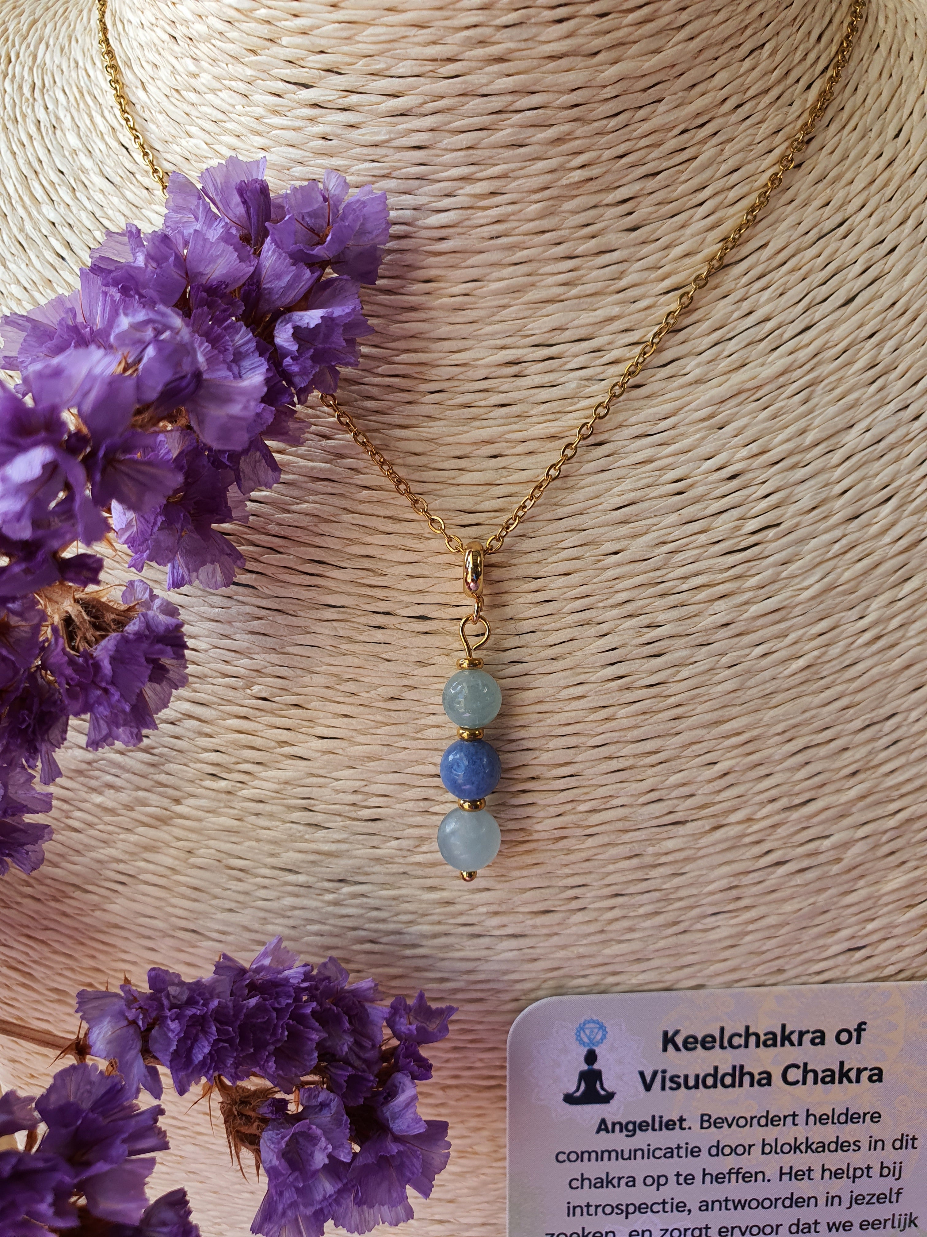 Edelstenen Keelchakra hanger rvs goud