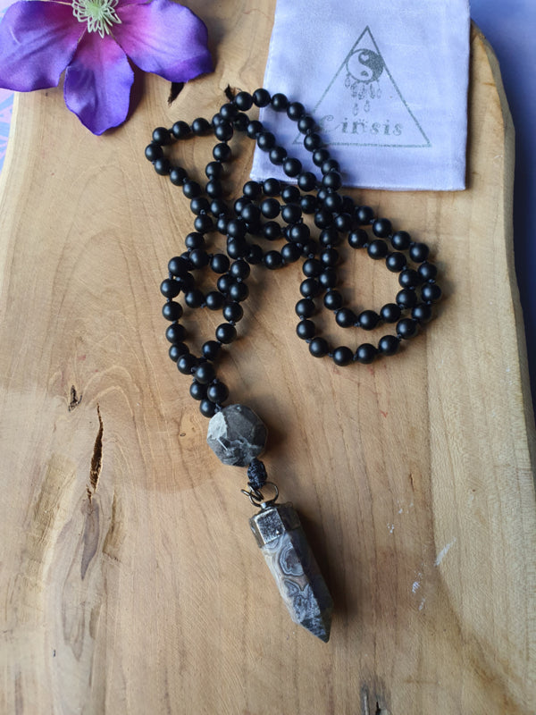 Edelstenen Mala Onyx met Edelsteenhanger Mexicaanse / Crazy Lace Agaat punt &