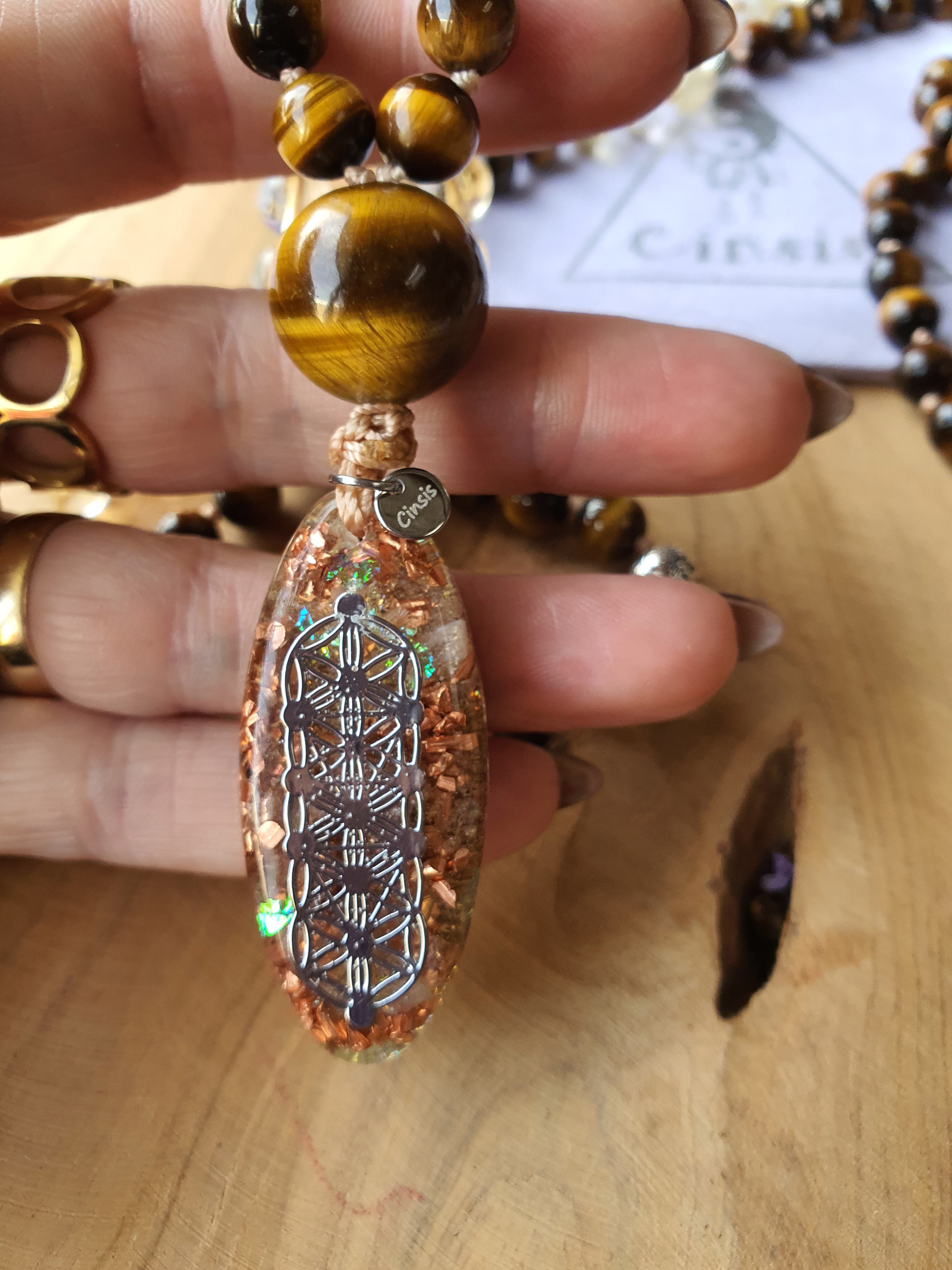 Edelstenen Mala tijgetoog en citrien met Orgonite hanger Citrien