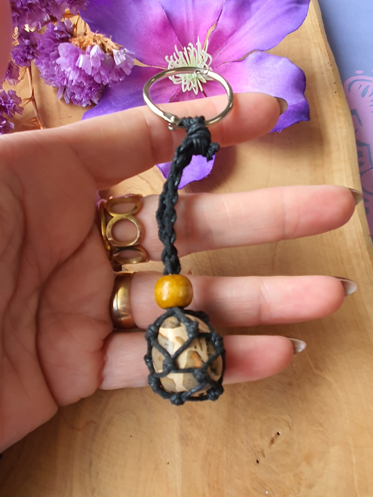 Edelstenen Sleutelhanger Kalkooliet | Leopardiet met Macramé