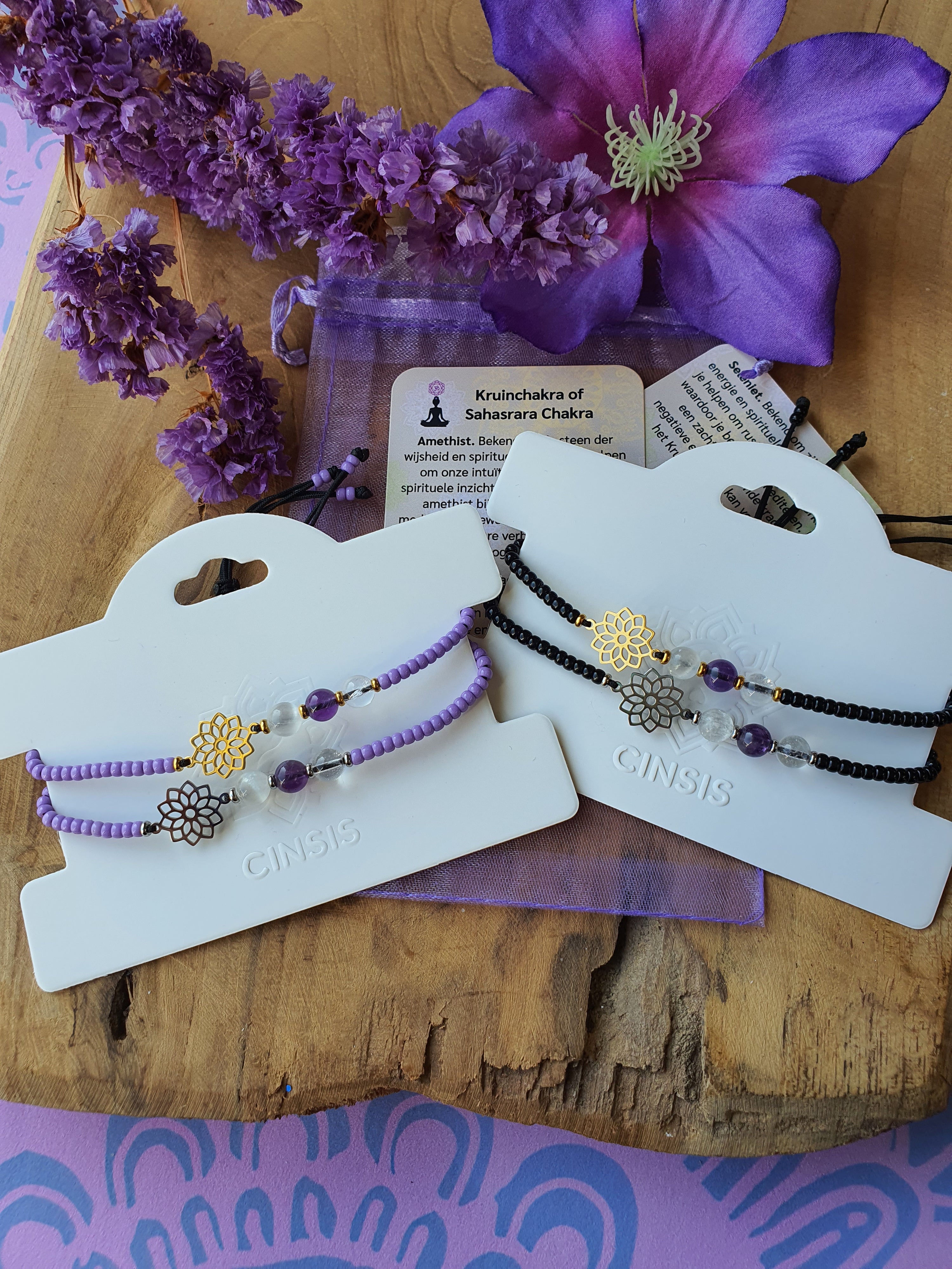 Edelstenen chakra armband met kruinchakra Symbool