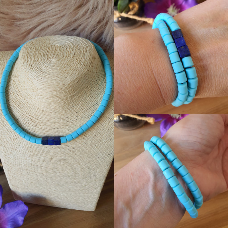 Elastische / rekbare blauw (choker) ketting en armband 2 in 1 sieraad met Lapis Lazuli kubus kralen (nr 23)
