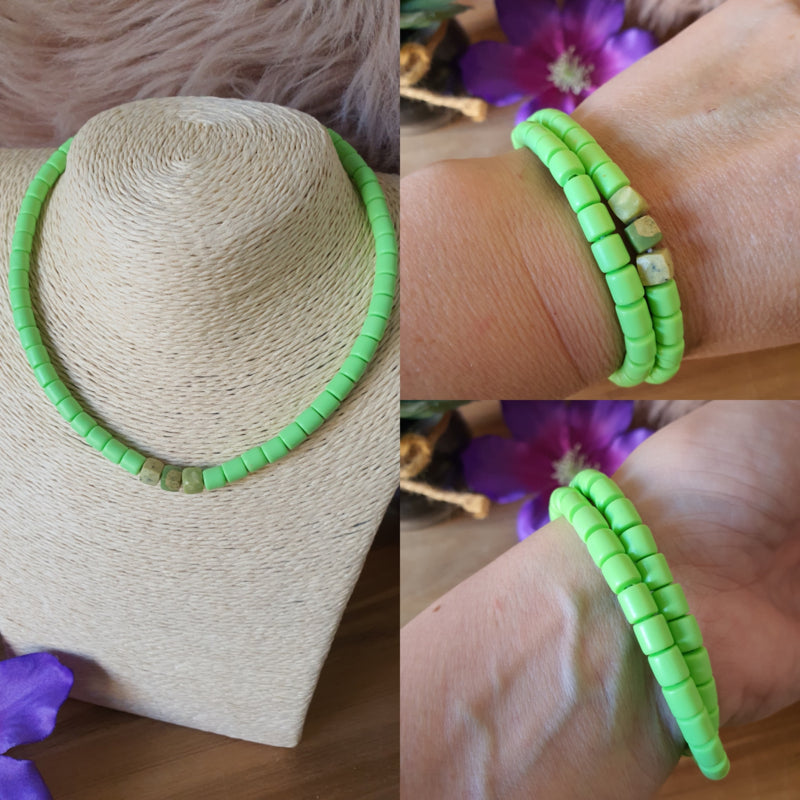 Elastische / rekbare licht groene (choker) ketting en armband 2 in 1 sieraad met Chrysopraas kubus kralen (nr 19)