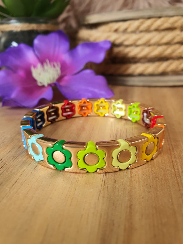 Emaille armband Bloemen Goud/Regenboog (nr 22)