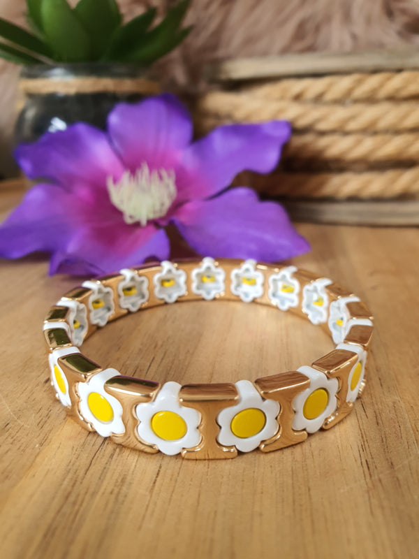 Emaille armband Bloemen Goud/Wit/Geel (nr 20)