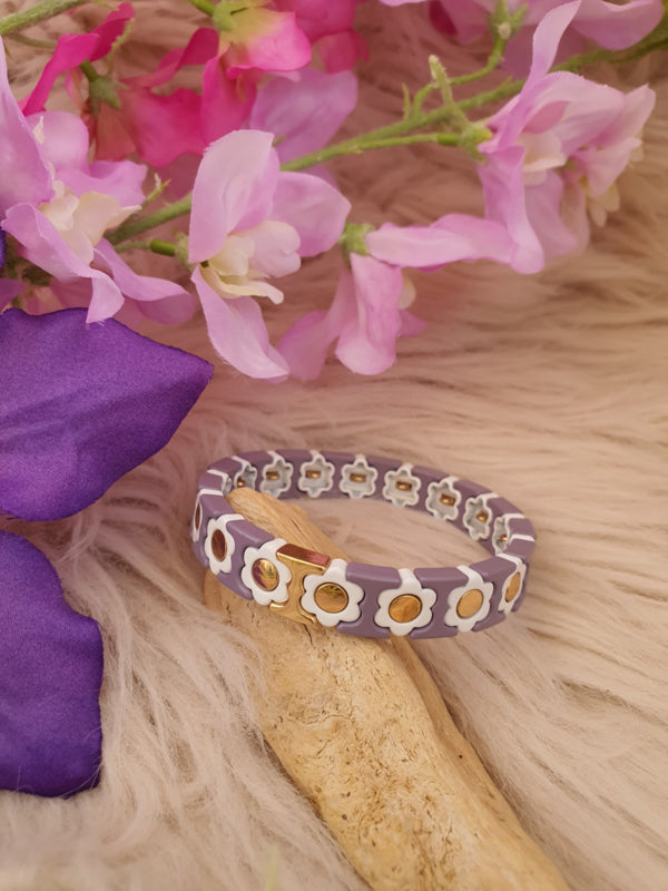 Emaille armband Bloemen paars-grijs/Goud/Wit 17cm (nr 22)