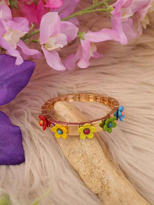 Emaille armband Goud met gekleurde bloemem 3D 17cm (nr 42)