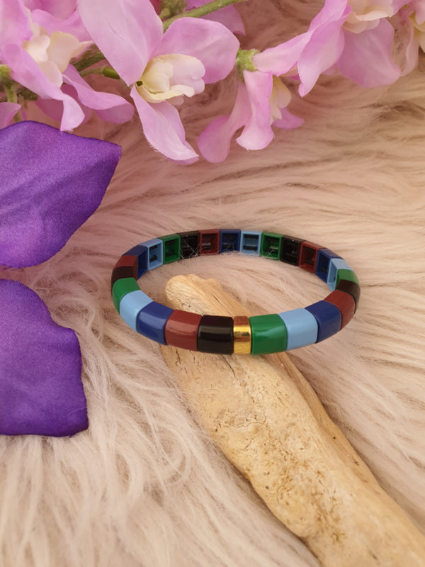 Emaille armband Groen / bruin / licht en donker blauw / goud 18-18,5cm (nr 30)