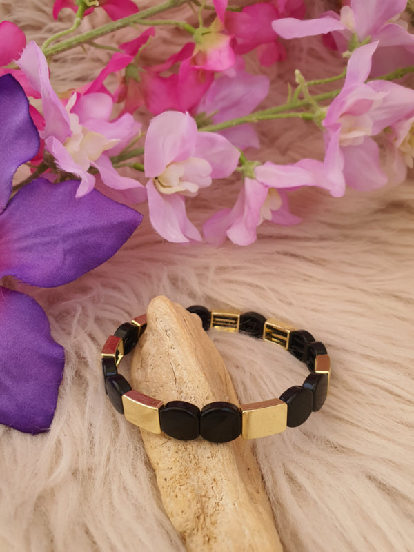 Emaille rekbare armband Zwart / goud 18-18,5cm (nr 41)