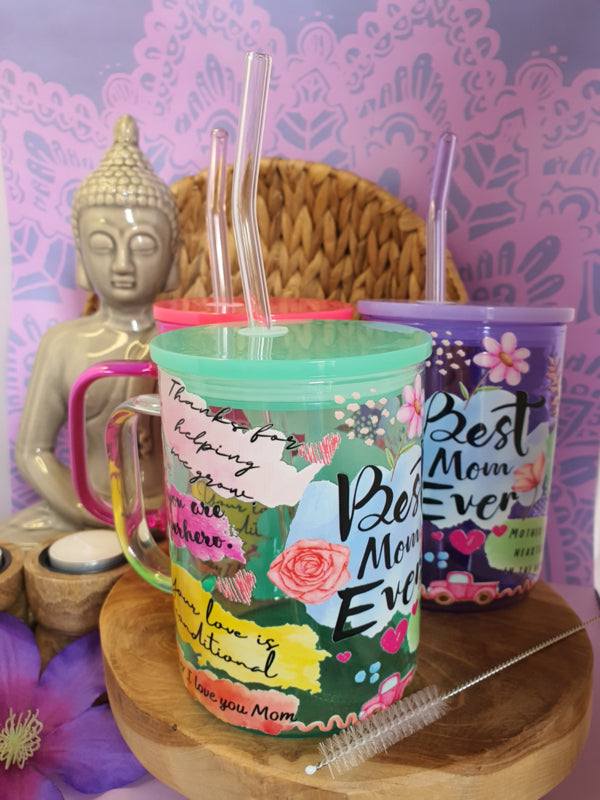 Gekleurde glazen mok met deksel en rietje &