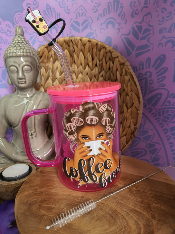 Gekleurde glazen mok met deksel en rietje &