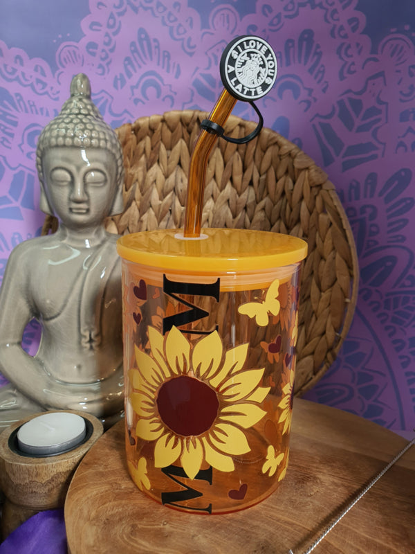 Gekleurde glazen mok met deksel en rietje &