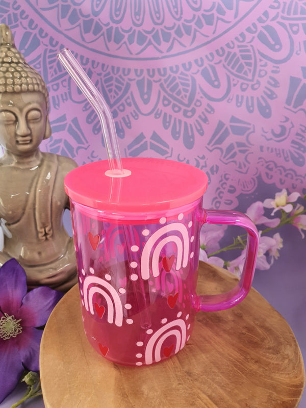 Gekleurde glazen mok met deksel en rietje &
