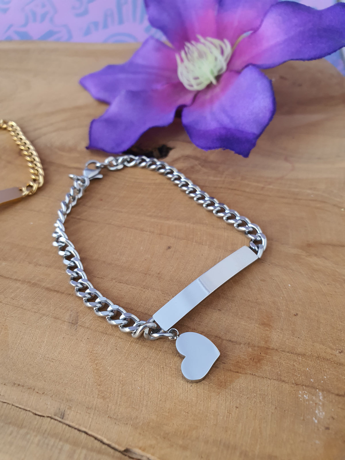 Gepersonaliseerde RVS zilver Armband met ID Bar + hart bedel