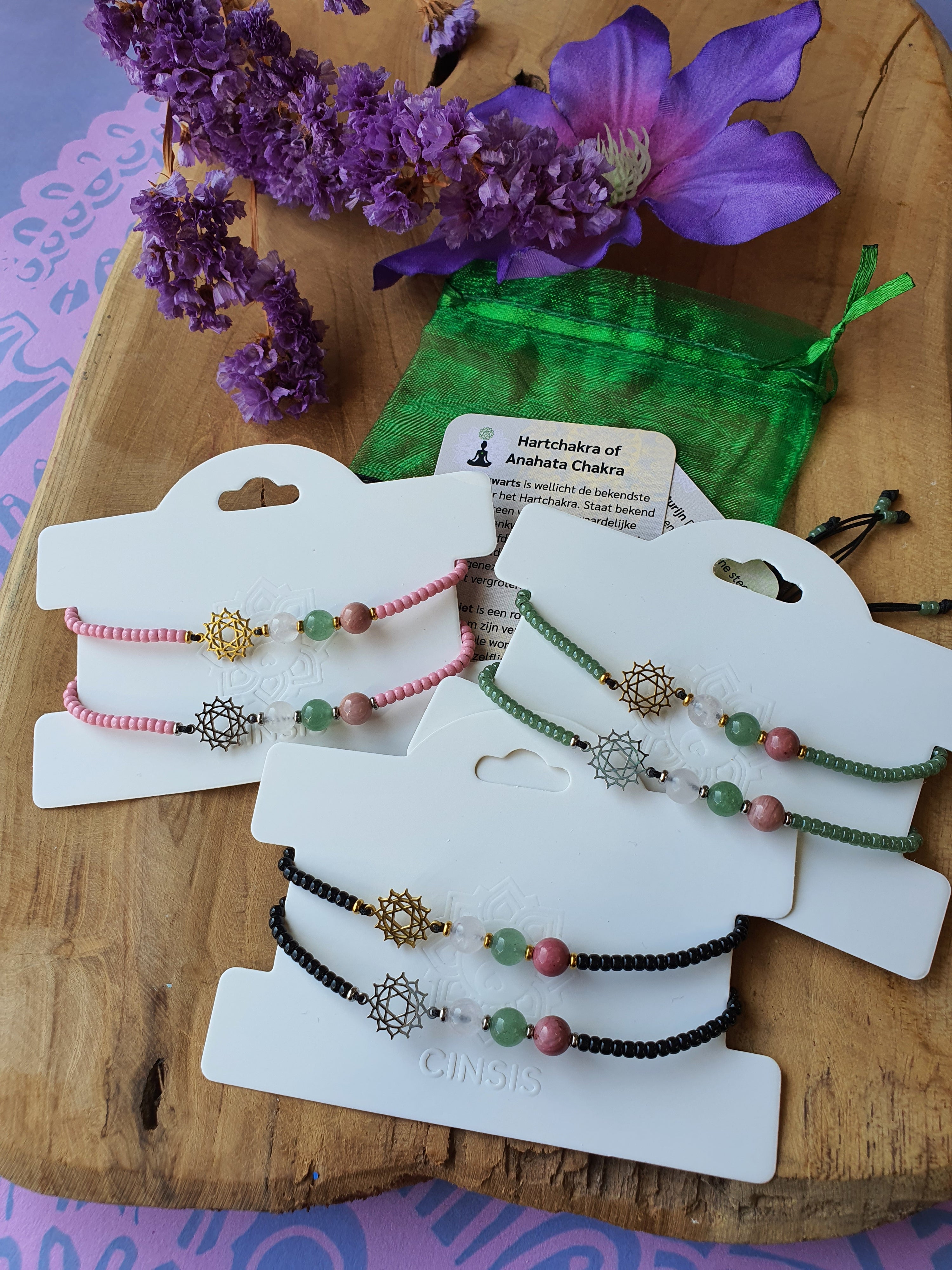 Edelstenen Hartchakra Armband handgemaakt met RVS Symbool