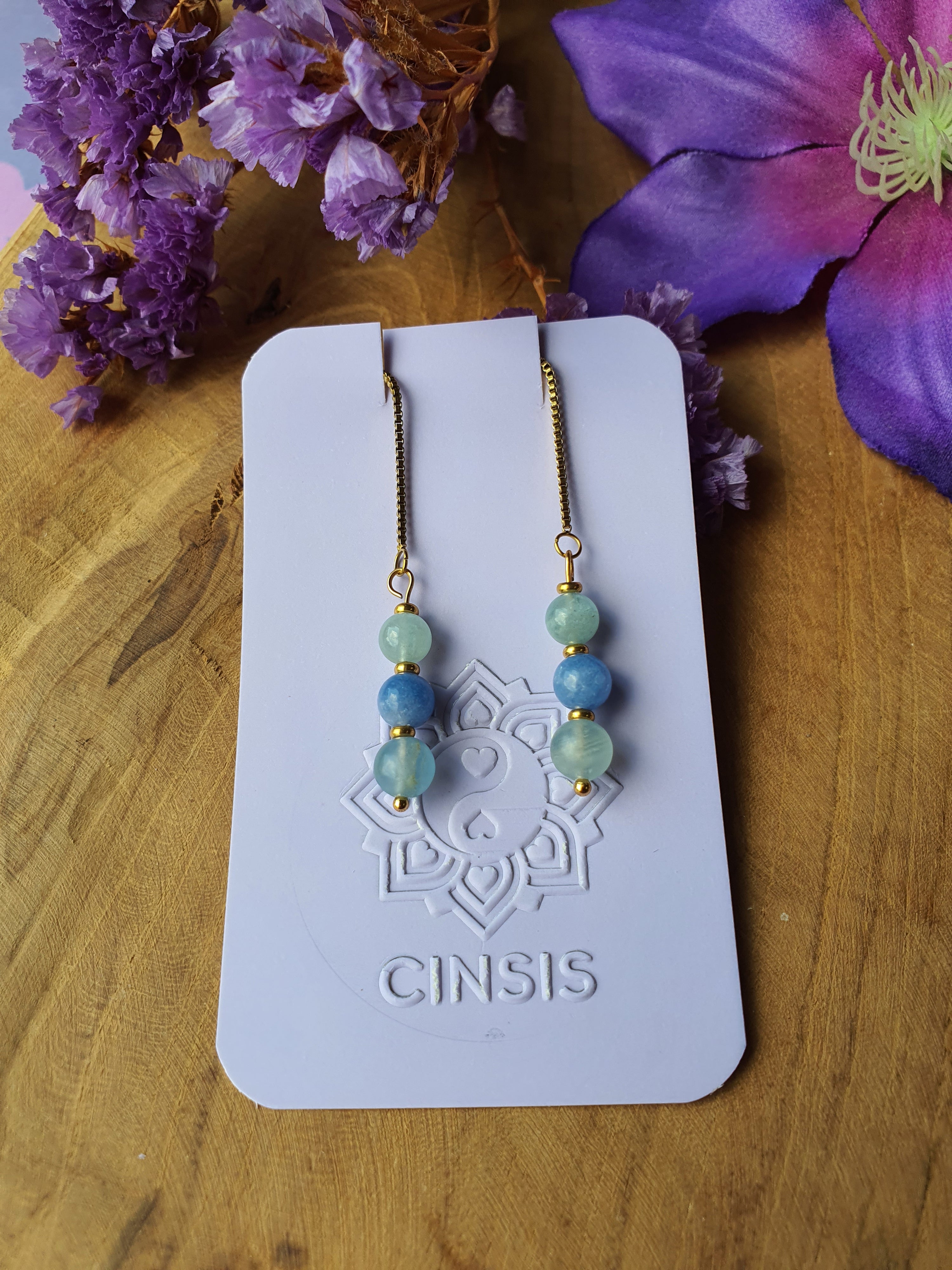 Keelchakra edelsteen oorhangers rvs goud