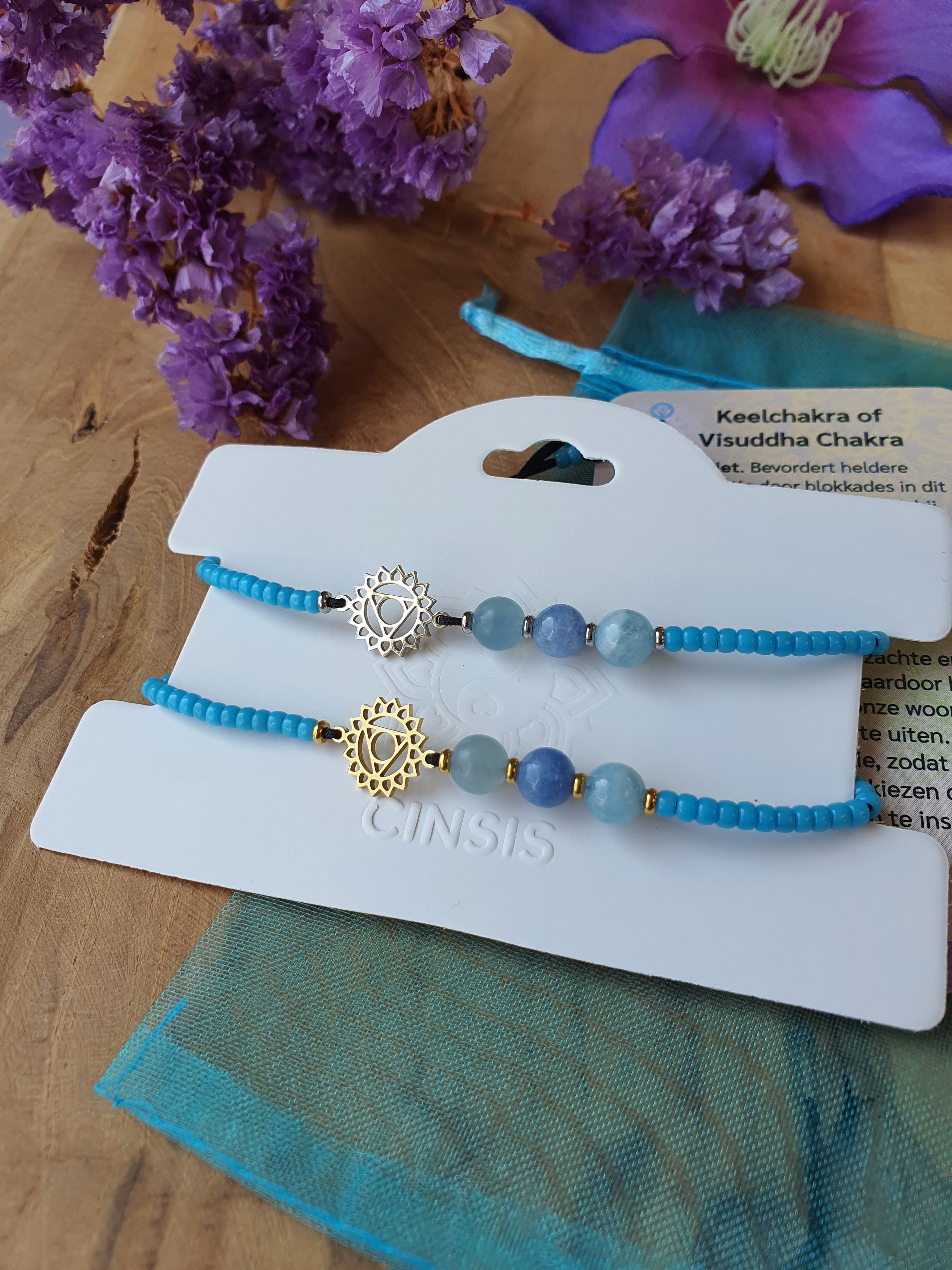 Keelhakra armband met rvs symbool en miyuki blauwe kralen