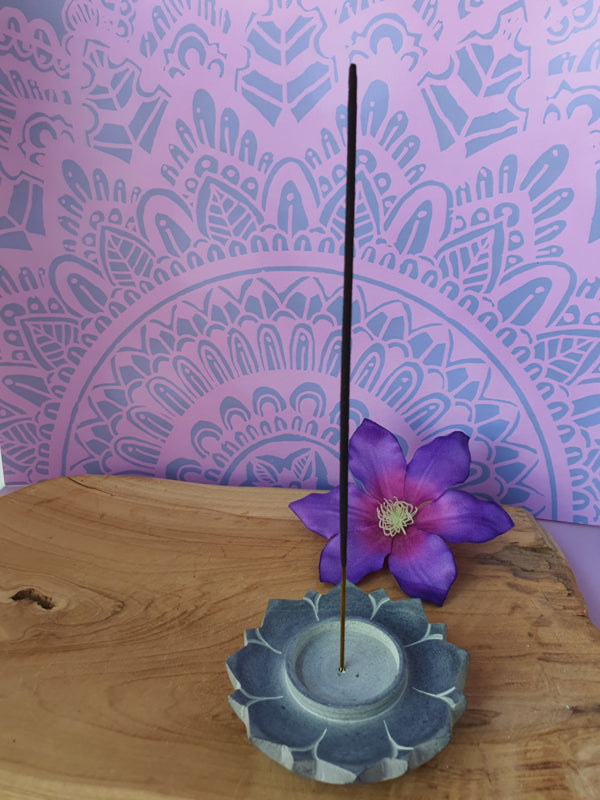 Lotus kaars- en wierookbrander zeepsteen grijs