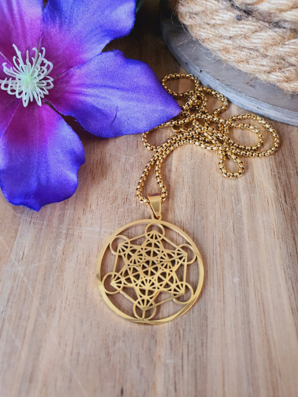 Metatron kubus hanger groot + ketting RVS Gold