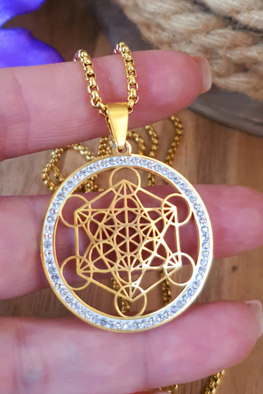 Metatron kubus hanger + ketting RVS Gold Zirkonia.