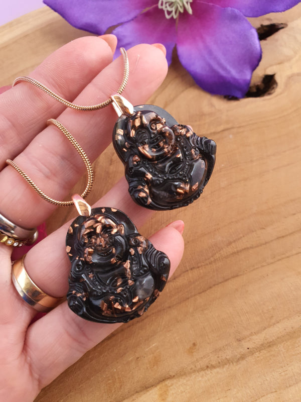 Orgonite hanger Boeddha Zwarte Toermalijn met Bergkristal, met 925 zilver, rosé gold plated oogje (nr 1007)