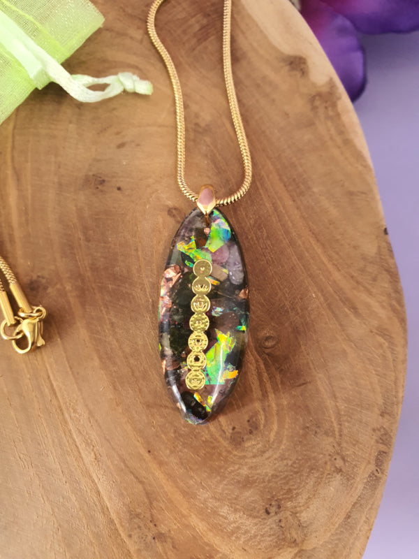 Orgonite hanger Watermeloen Toermalijn met Bergkristal, 925 gold plated oogje (nr 1001)