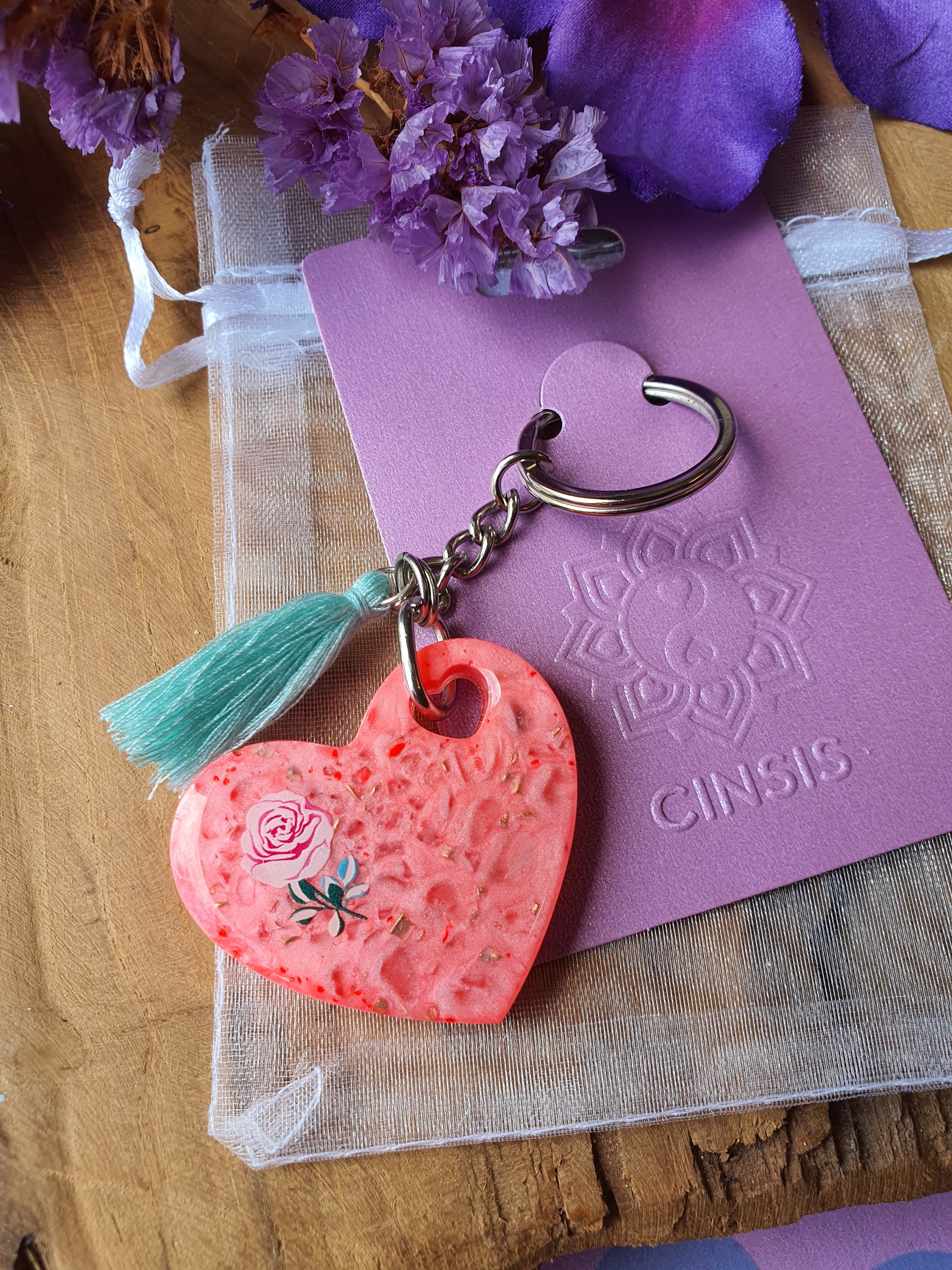 Orgonite Sleutelhanger Hart Rozenkwarts met Bergkristal