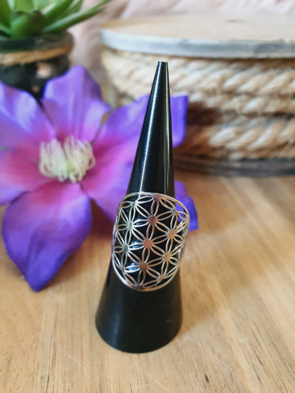 Ring Flower of Life / Levensbloem RVS Zilver verstelbaar (model 1)