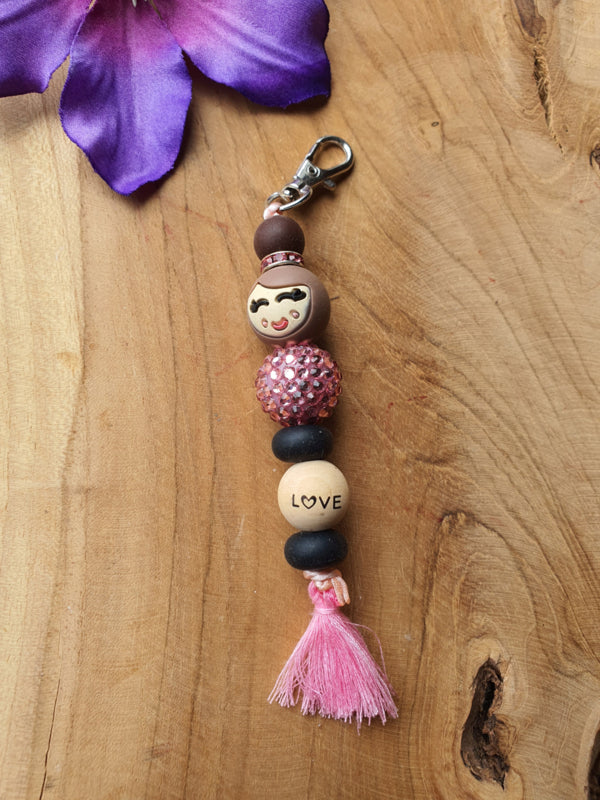 Sleutelhanger / Tassenhanger Gelukspoppetje vrouw pink sparkle &