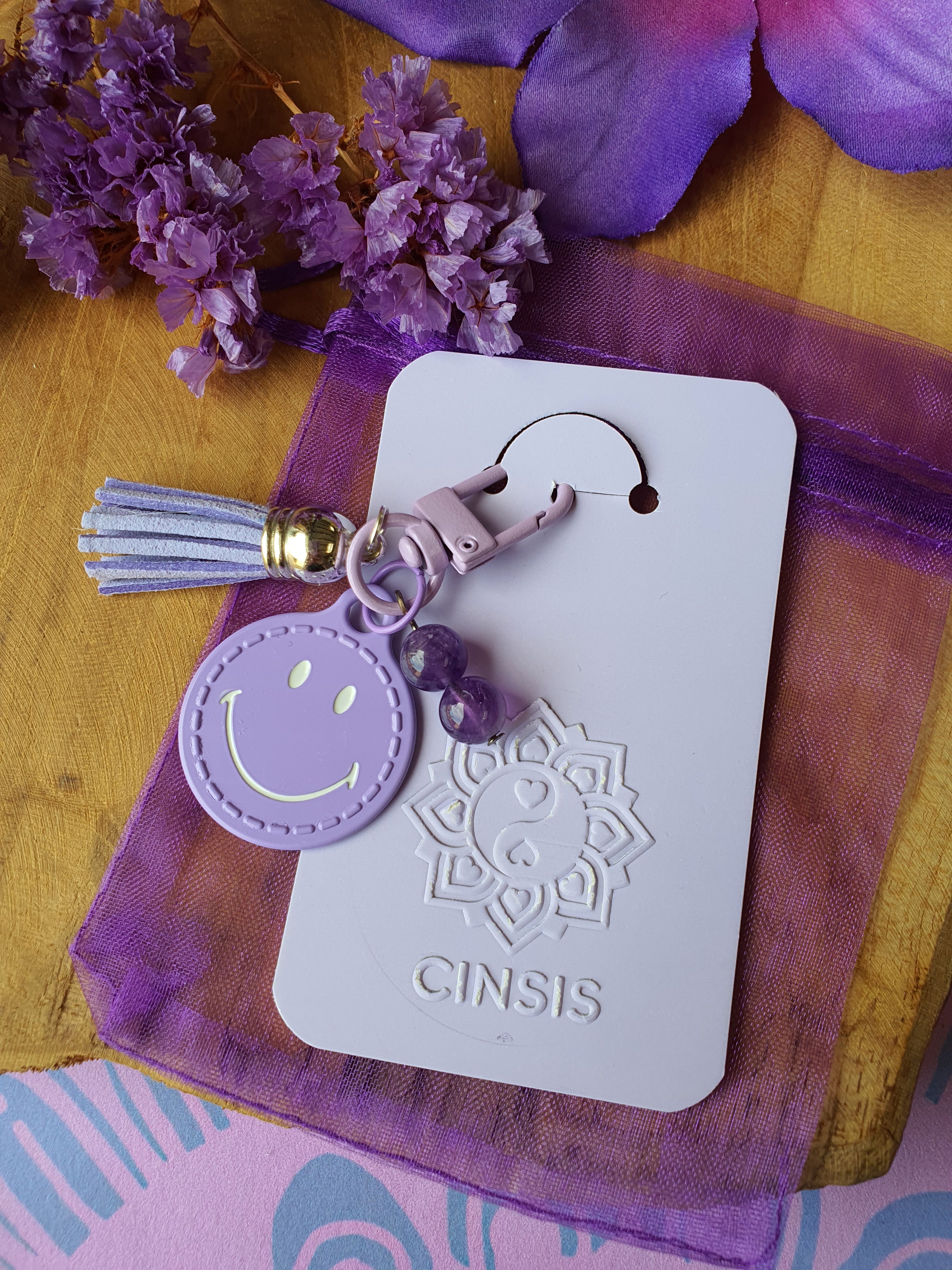 Sleutelhanger / Tassenhanger Smiley met Amethist