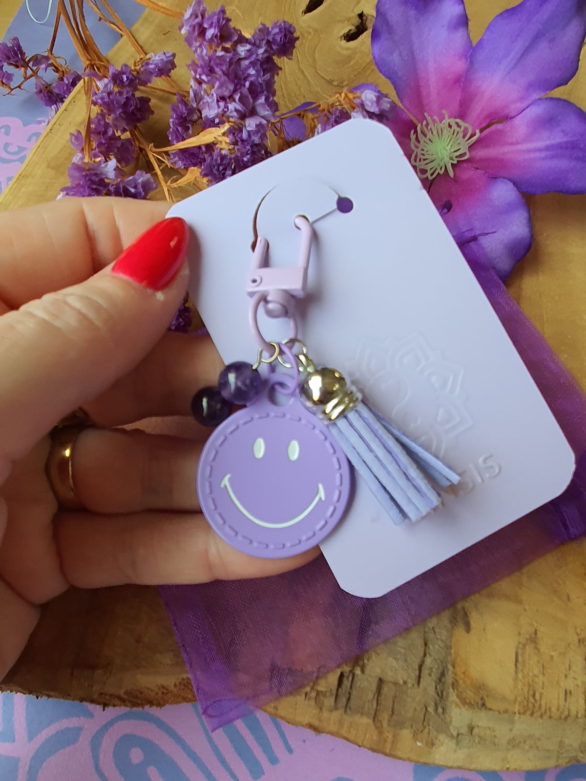 Sleutelhanger / Tassenhanger Smiley met Amethist