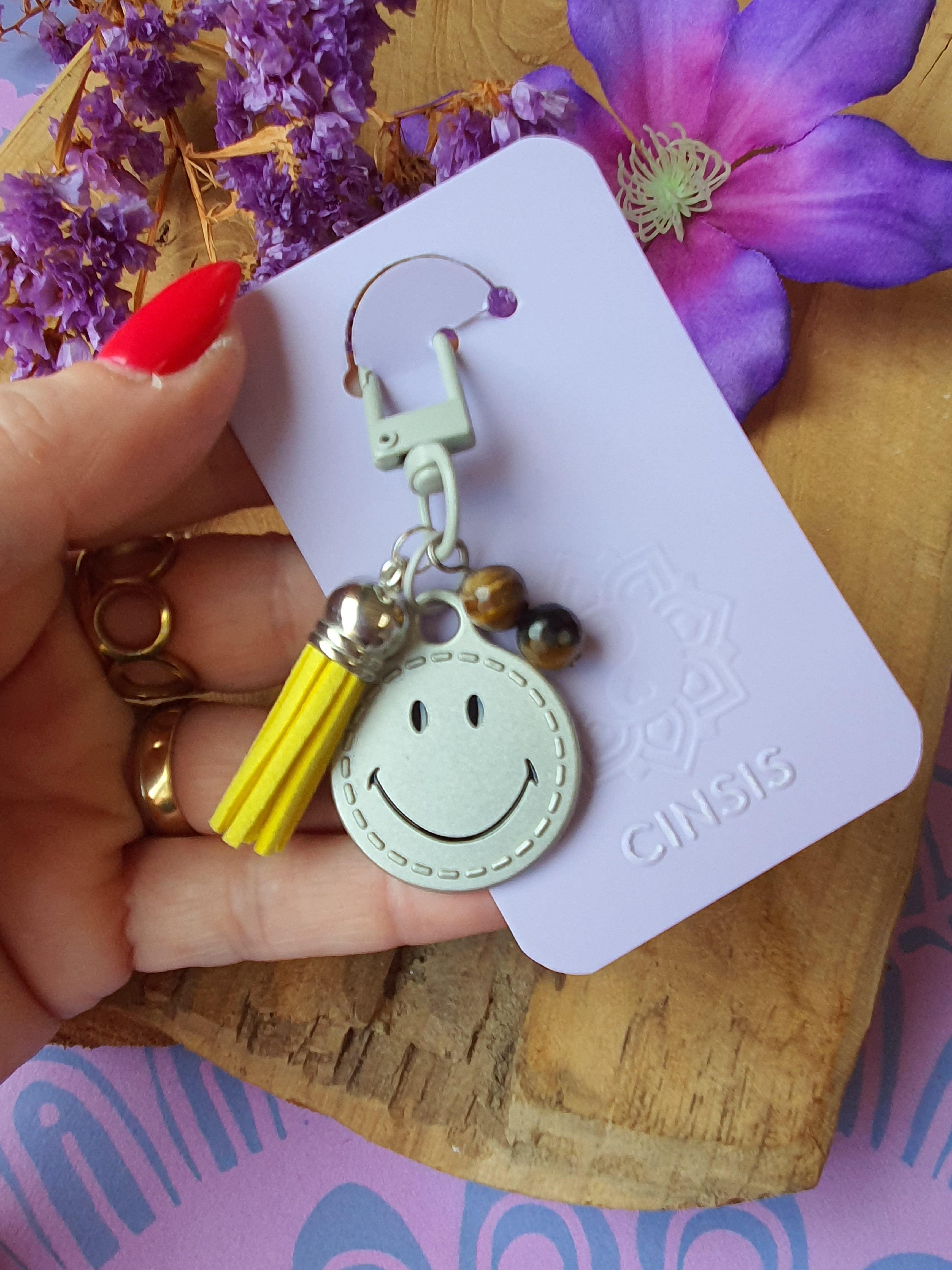 Sleutelhanger / Tassenhanger met Smiley en Tijgeroog