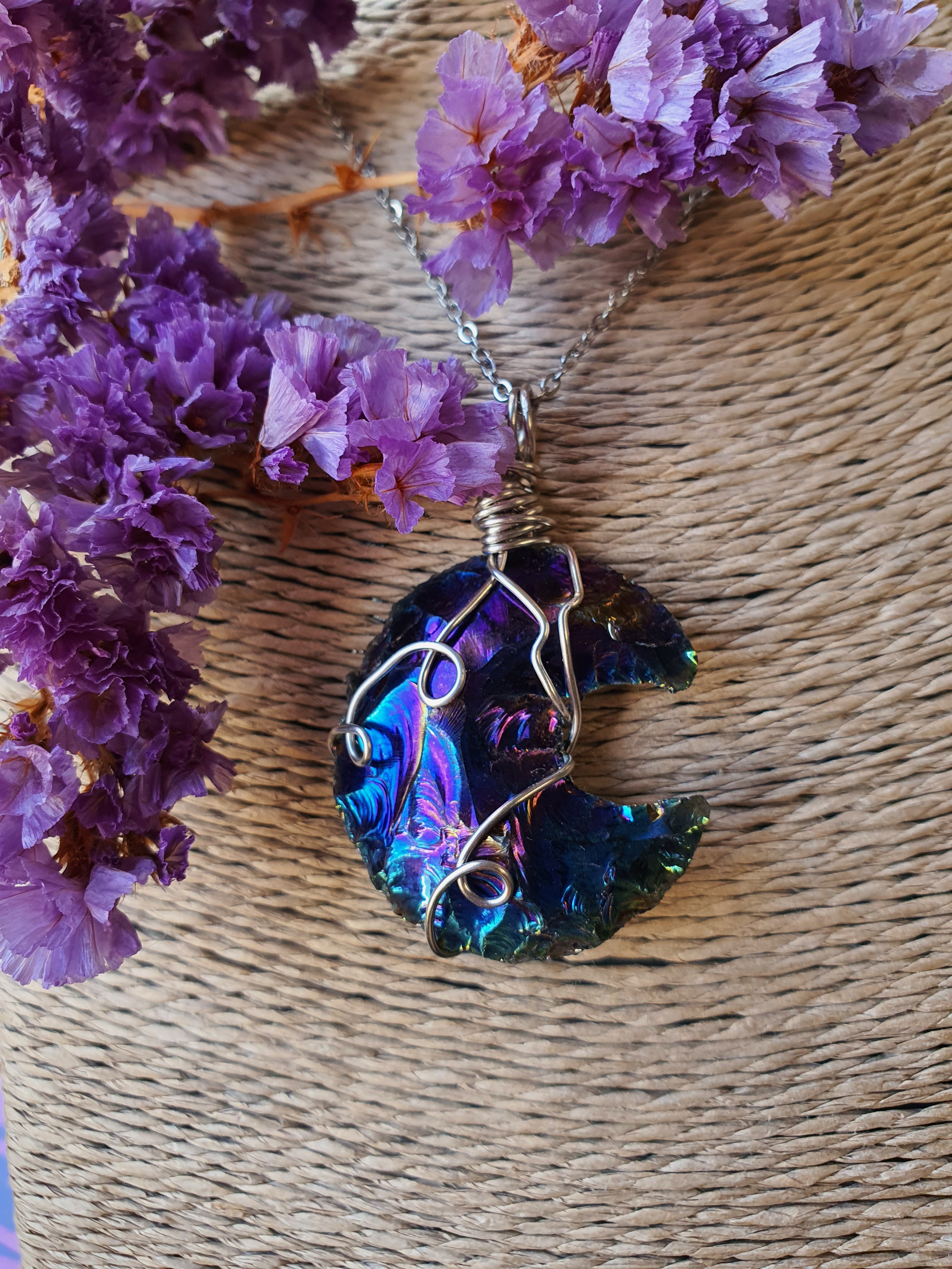 Wire wrapped Maan hanger Rainbow titanium hanger