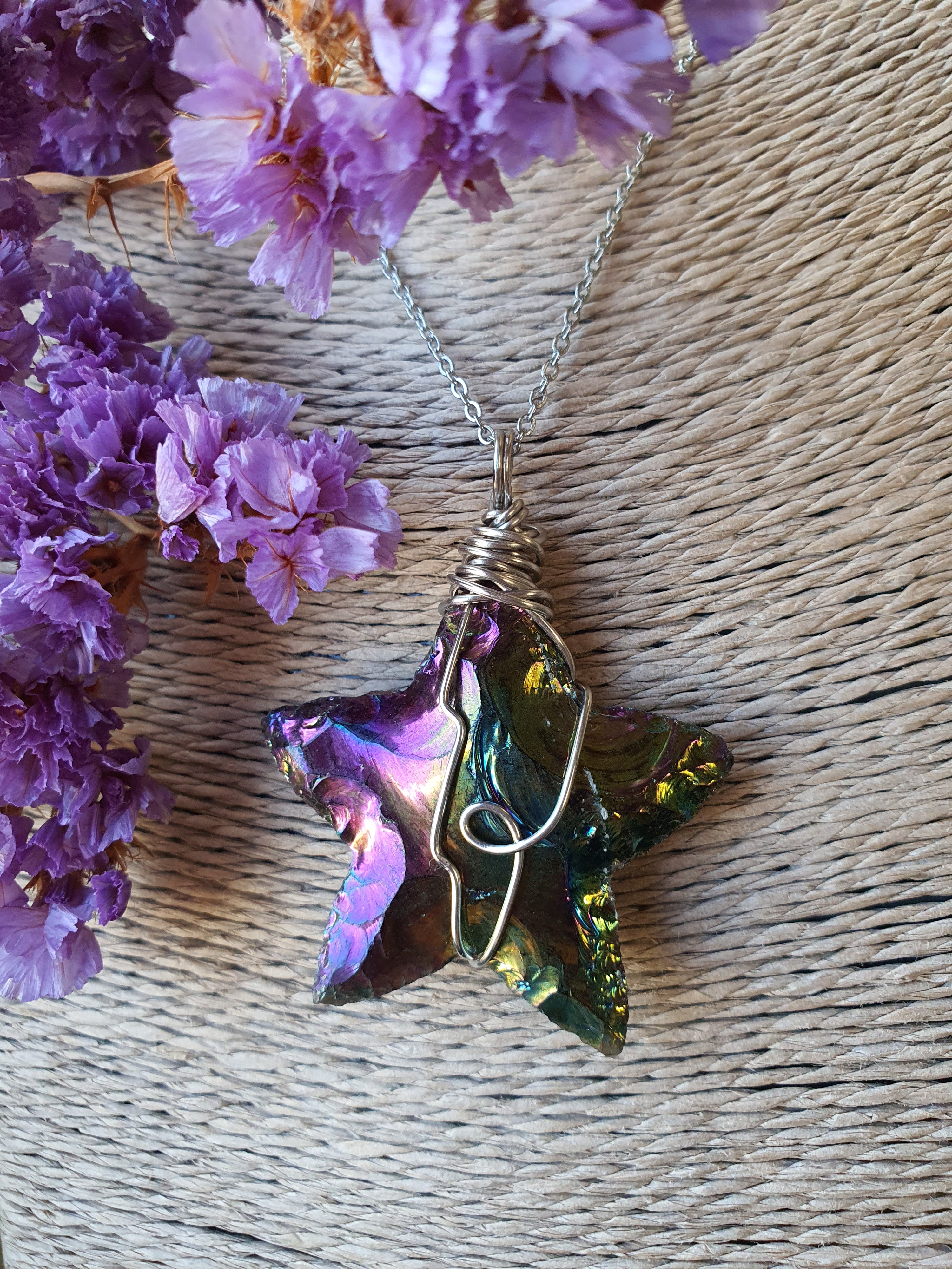 Wire wrapped Ster hanger Rainbow titanium aura 14