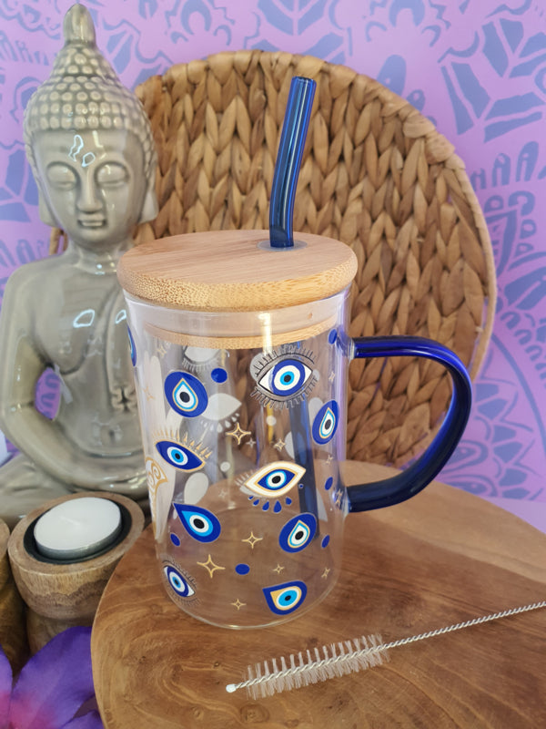 Drinkglas met handvat, bamboe deksel en rietje &