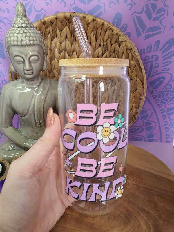 Drinkglas (blikvormige tumbler) met bamboe deksel en rietje &
