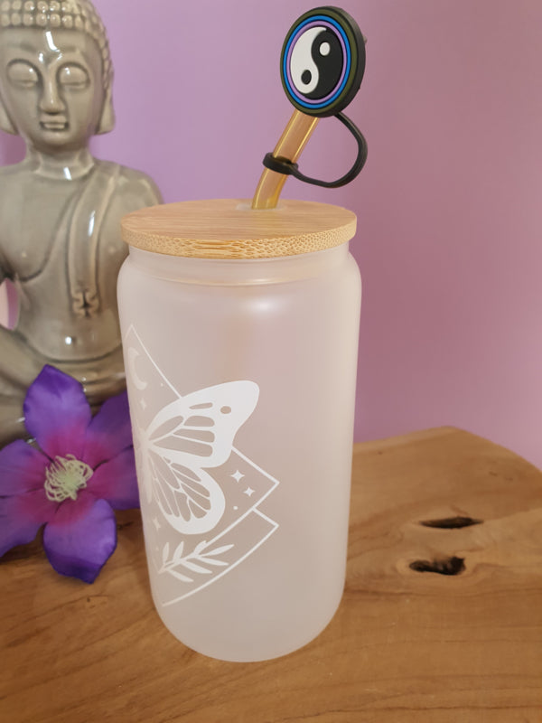 Drinkglas (blikvormige tumbler) met bamboe deksel en rietje &
