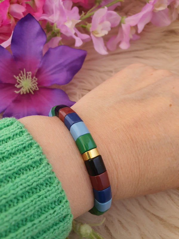 Emaille armband Groen / bruin / licht en donker blauw / goud 18-18,5cm (nr 30)