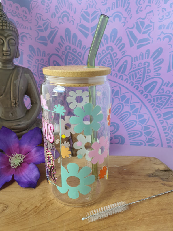 Drinkglas (blikvormige tumbler) met Bamboe deksel en rietje &