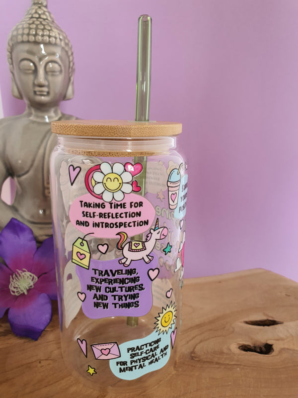 Drinkglas (blikvormige tumbler) met Bamboe deksel en rietje &