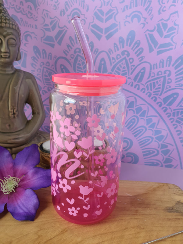 Drinkglas (blikvormige tumbler) met kunststof deksel en rietje &