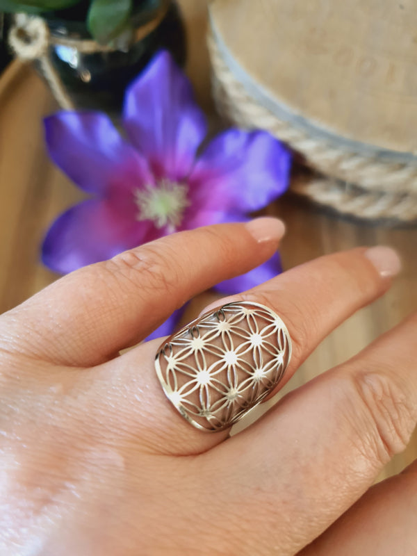 Ring Flower of Life / Levensbloem RVS Zilver verstelbaar (model 1)