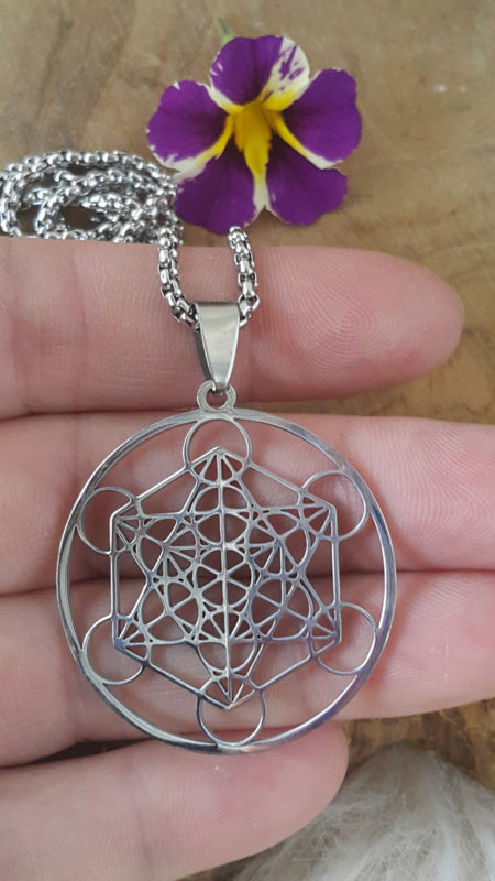 Metatron kubus hanger groot + ketting RVS zilver