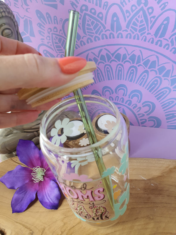 Drinkglas (blikvormige tumbler) met Bamboe deksel en rietje &