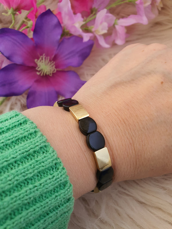 Emaille rekbare armband Zwart / goud 18-18,5cm (nr 41)