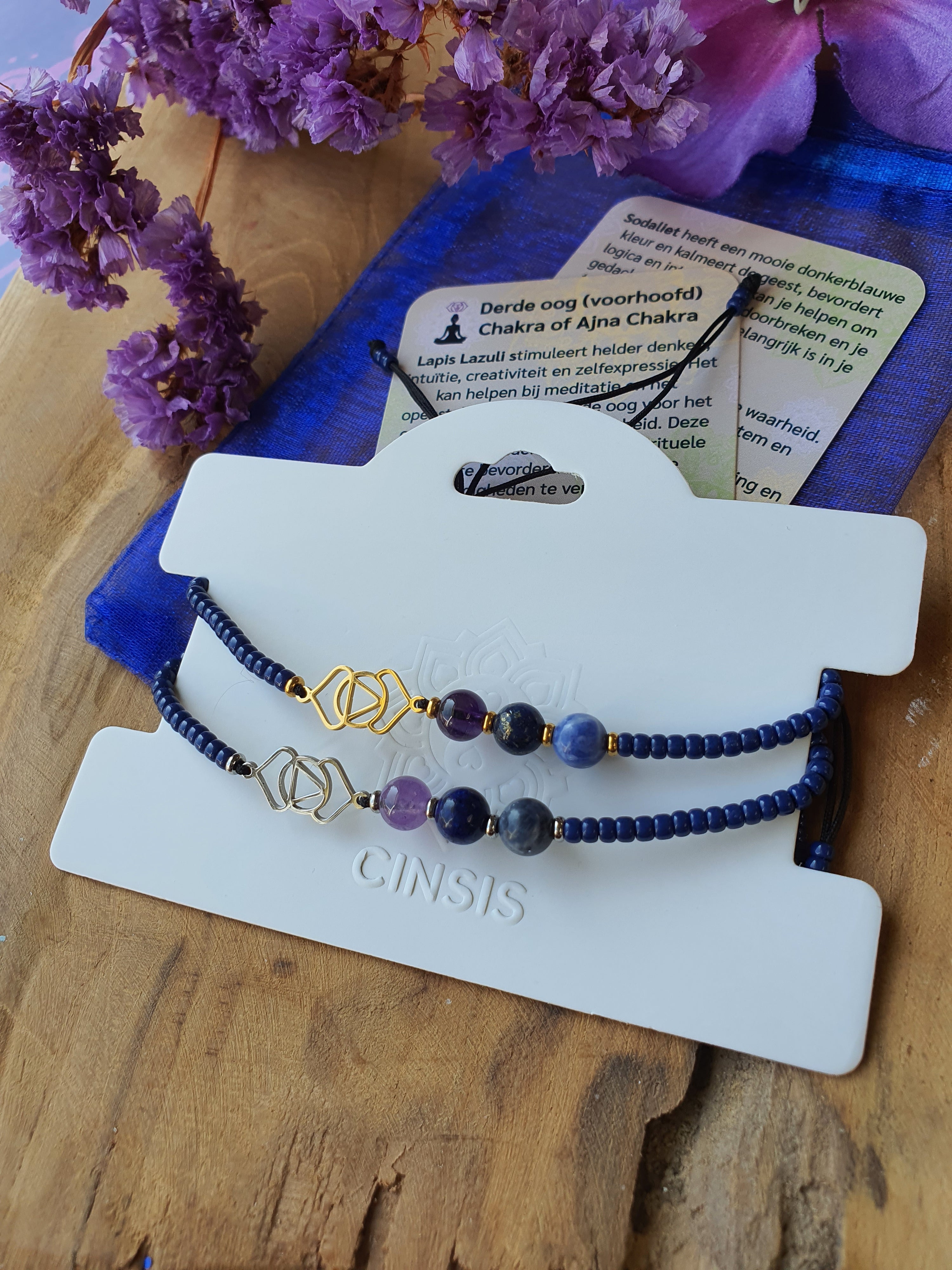 edelstenen Derde Oog chakra armband met symbool en donker blauwe miyuki kralen