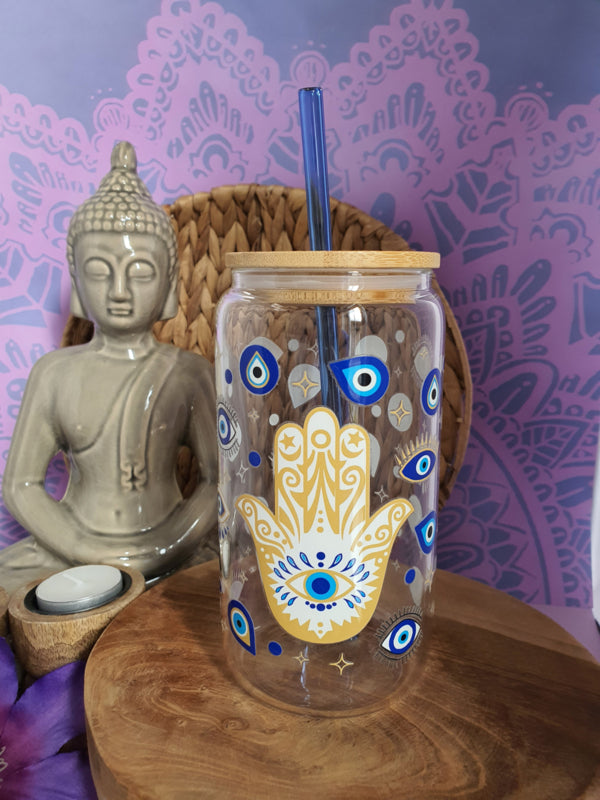 Drinkglas (blikvormige tumbler) met bamboe deksel en rietje &